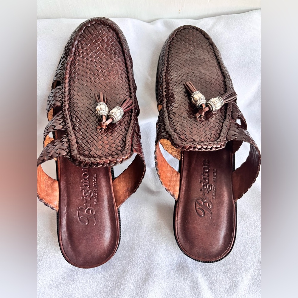 Brighton Able Brown Woven Leather Mules with Beaded Tassels Size 10 M